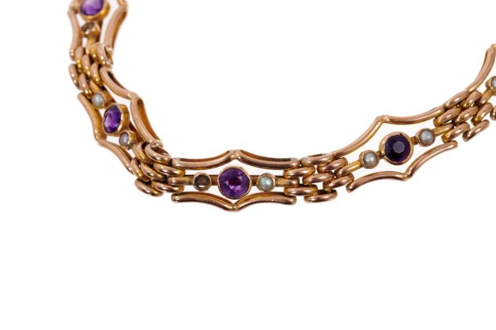 Edwardian 9ct rose gold amethyst and seed pearl bracelet - Image 2 of 2