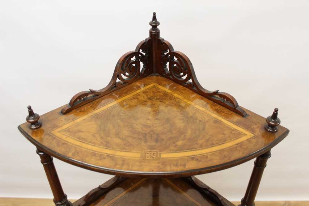 Victorian inlaid burr walnut veneered bow front four tier corner whatnot with finely pierced scroll - Image 2 of 12