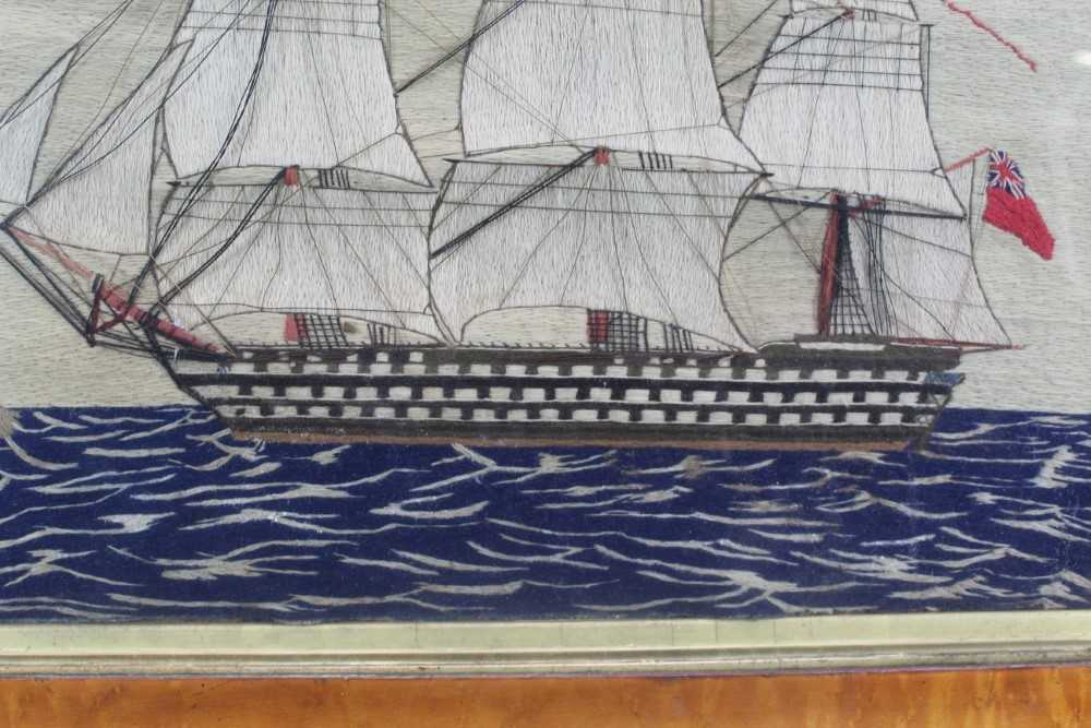Good pair of 19th century sailor's woolworks of ships in maple frames, 51.5 x 65.5cm including frame - Image 3 of 17