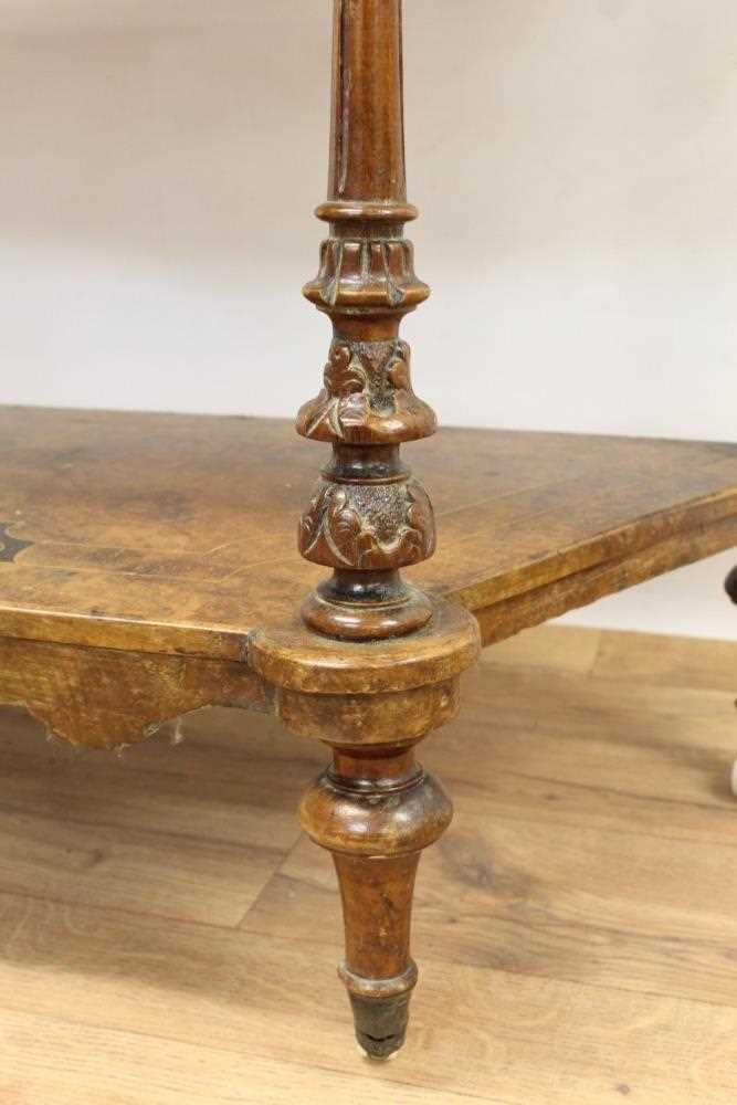 Victorian inlaid burr walnut veneered three tier whatnot with arched mirrored back, three marquetry - Image 6 of 7