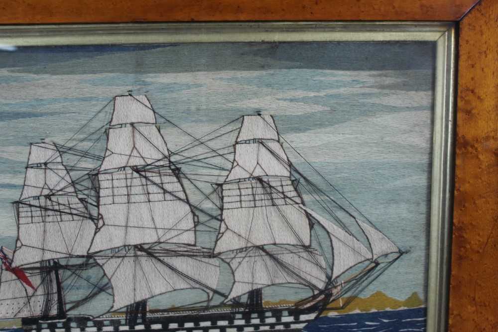 Good pair of 19th century sailor's woolworks of ships in maple frames, 51.5 x 65.5cm including frame - Image 11 of 17