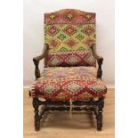 Good 17th century walnut armchair, the arched back and seat with Kelim upholstery on turned and bloc