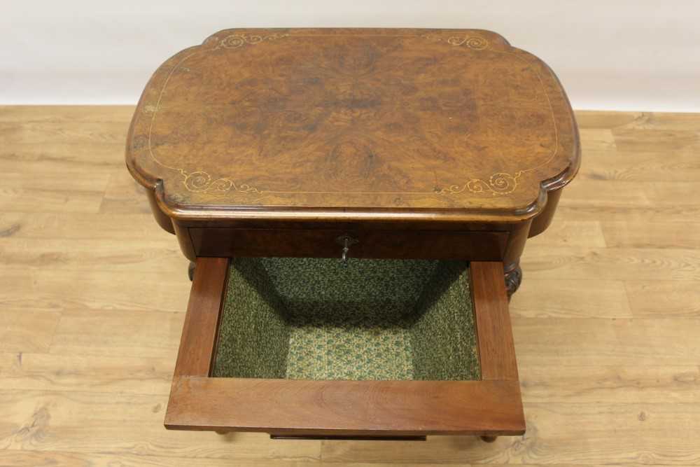 Victorian inlaid burr walnut veneered needlework table with quarter-veneered inlaid burr walnut top, - Image 5 of 7