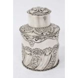 Victorian silver tea caddy of cylindrical form with scroll half fluted decoration