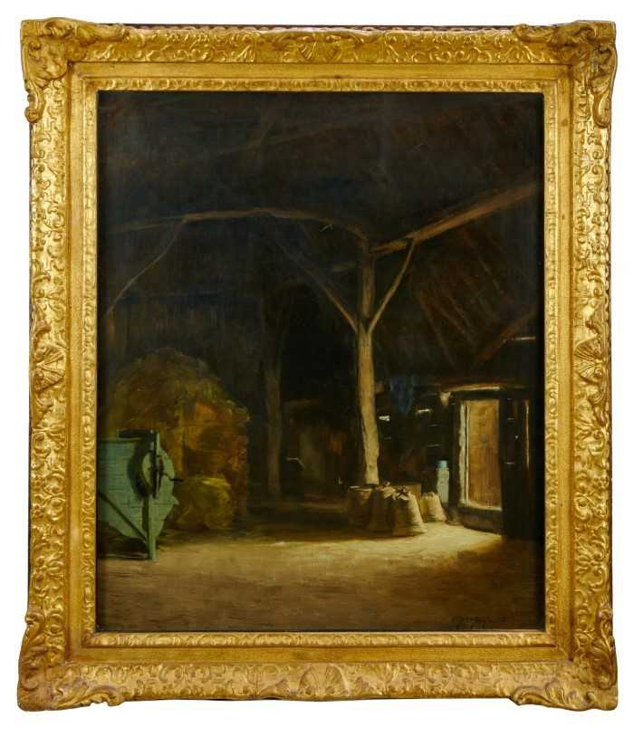 Alfred Frederick William Hayward (1856-1939) oil on canvas - Barn at Low Farm, Elsworrh Exhibited