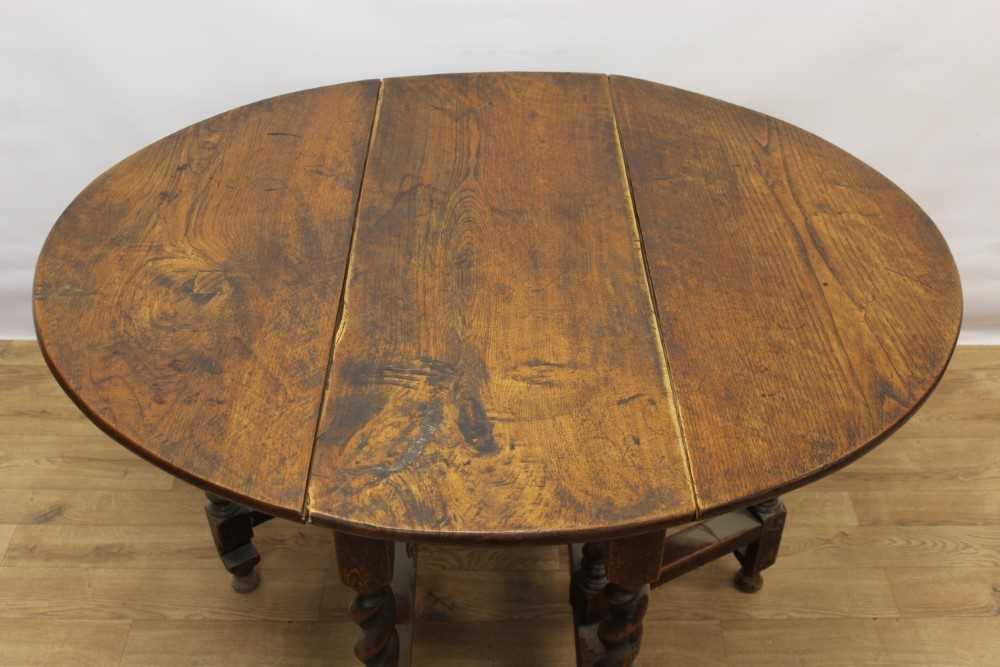 17th century style oak drop leaf table, elliptical hinged top on barley twist and block understructu - Image 2 of 4