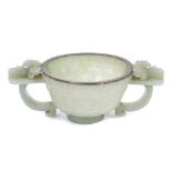 Good Chinese carved jade two handled bowl