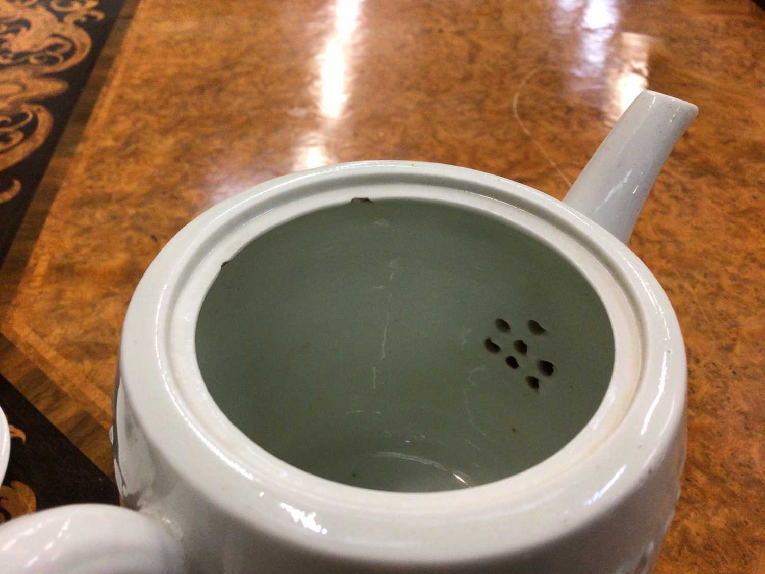 Worcester white-glazed teapot, circa 1760, of barrel form, decorated in relief with a Chinese fishin - Image 7 of 8