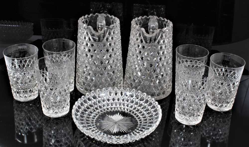 Good quality 19th century hobnail cut glassware, including two jugs, six tumblers and five dishes