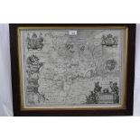 Joan Blaeu 17th century engraved map of Huntingdonshire in glazed oak frame