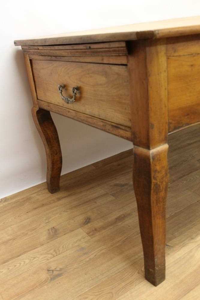 19th century French fruitwood farmhouse table, canted rectangular plank top over end deep drawers an - Image 2 of 5