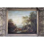 Manner of Thomas Gainsborough oil on panel - cattle and herders in landscape, in gilt frame
