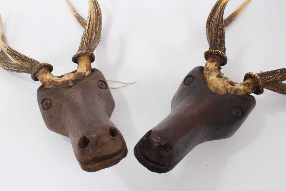 Pair of antique folk art stags heads with carved wooden head and stag horn antlers - Image 6 of 6