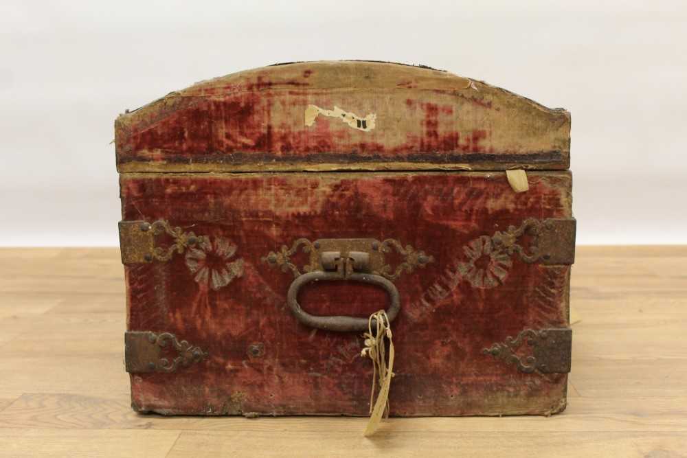 Good 17th century velvet upholstered dome top trunk with iron strap work mounts Provenance: Remov - Image 9 of 10