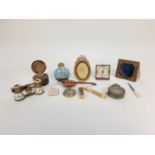 Objects d'art, including enamelled opera glasses, Tunbridge ware pocket watch holder, silver scent b