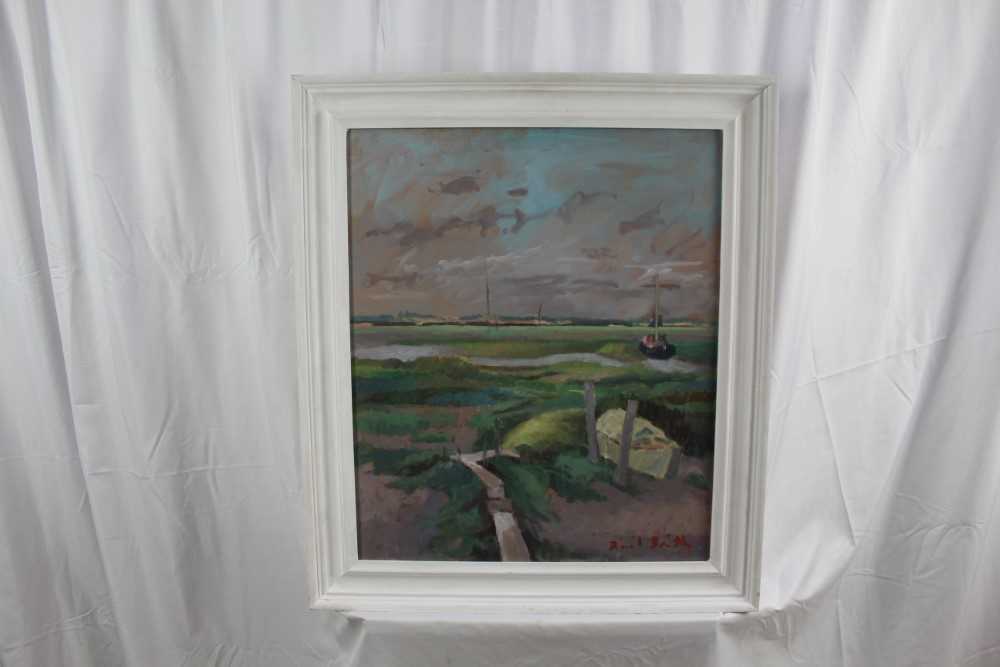 David Britton, contemporary, oil on board - Boats and Walkways at Tollesbury, signed, framed, 59cm x - Image 2 of 7