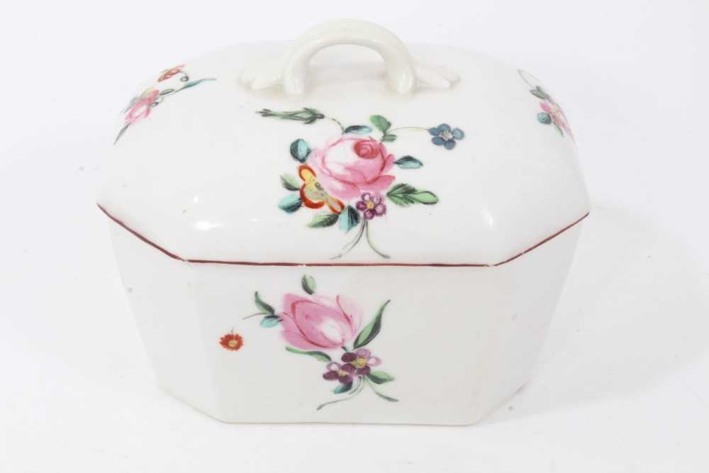 Derby canted rectangular butter tub and cover, circa 1760-65, polychrome painted with floral sprays,