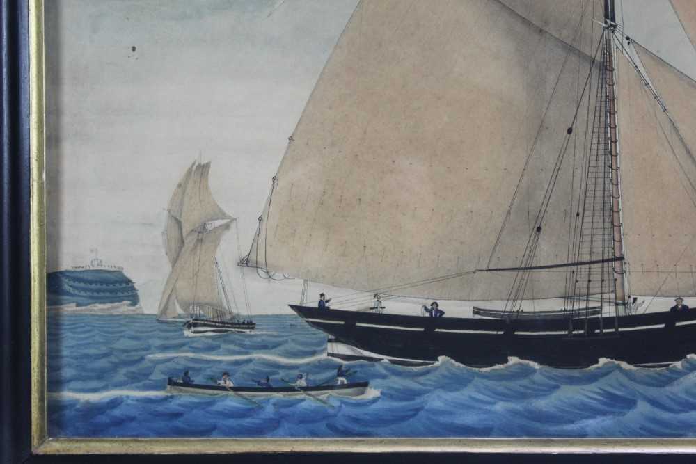 Mid 19th century ink and watercolour - Shipping off the Coast, 39cm x 56cm, in glazed gilt and eboni - Image 2 of 10