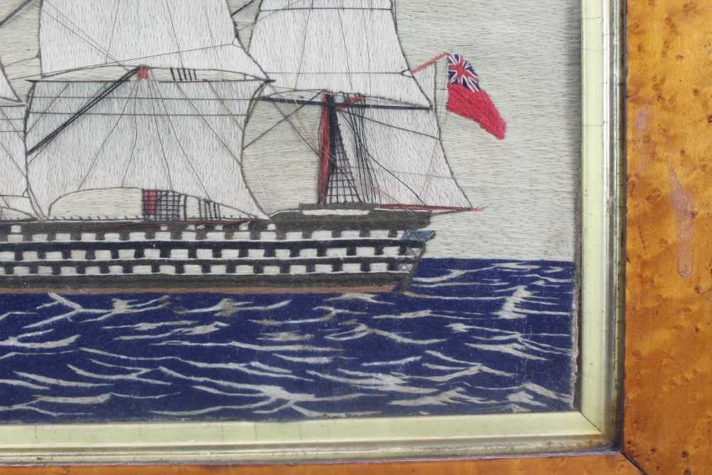 Good pair of 19th century sailor's woolworks of ships in maple frames, 51.5 x 65.5cm including frame - Image 4 of 17