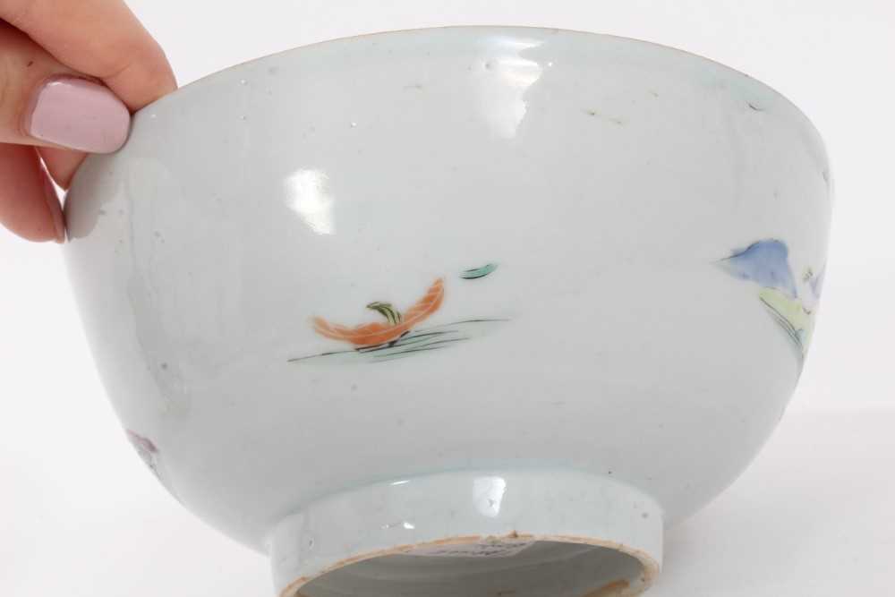 Chinese famille rose bowl and saucer, Qianlong period, the bowl decorated with landscape scenes, and - Image 4 of 10