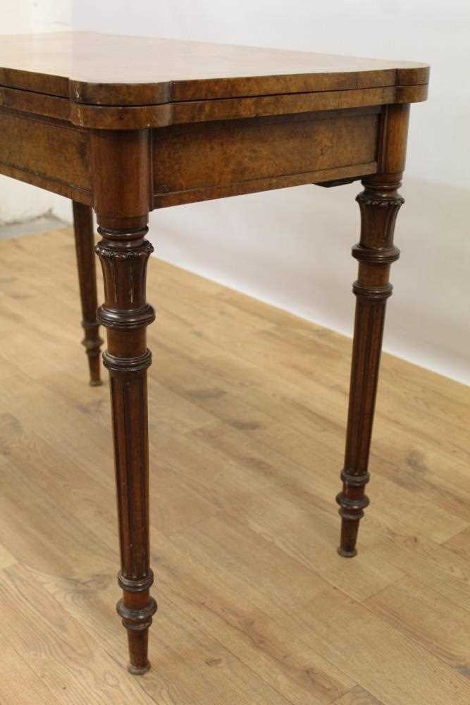 Rare Victorian burr walnut card table by Gillow & Co, rectangular fold over top with projecting angl - Image 3 of 10