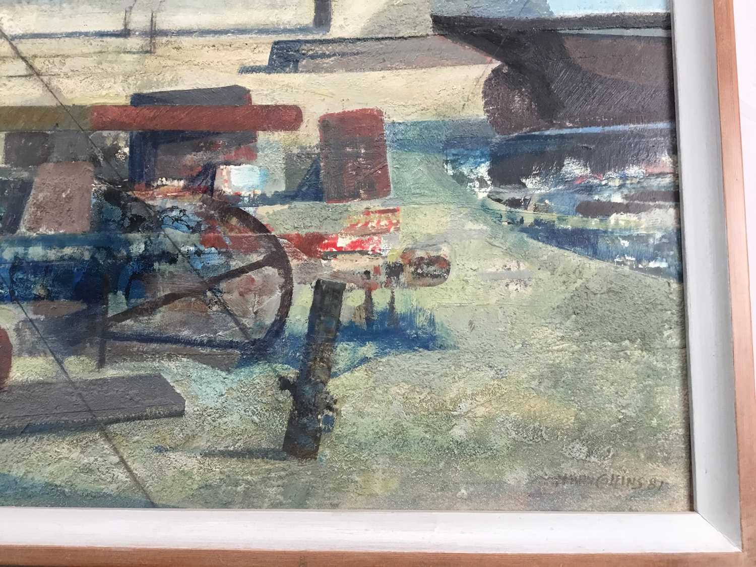 Henry Collins (1910-1994) oil and collage on board, Tollesbury harbour scene, signed and dated ‘87 - Image 8 of 19