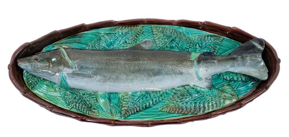 Victorian George Jones majolica Trout dish and cover