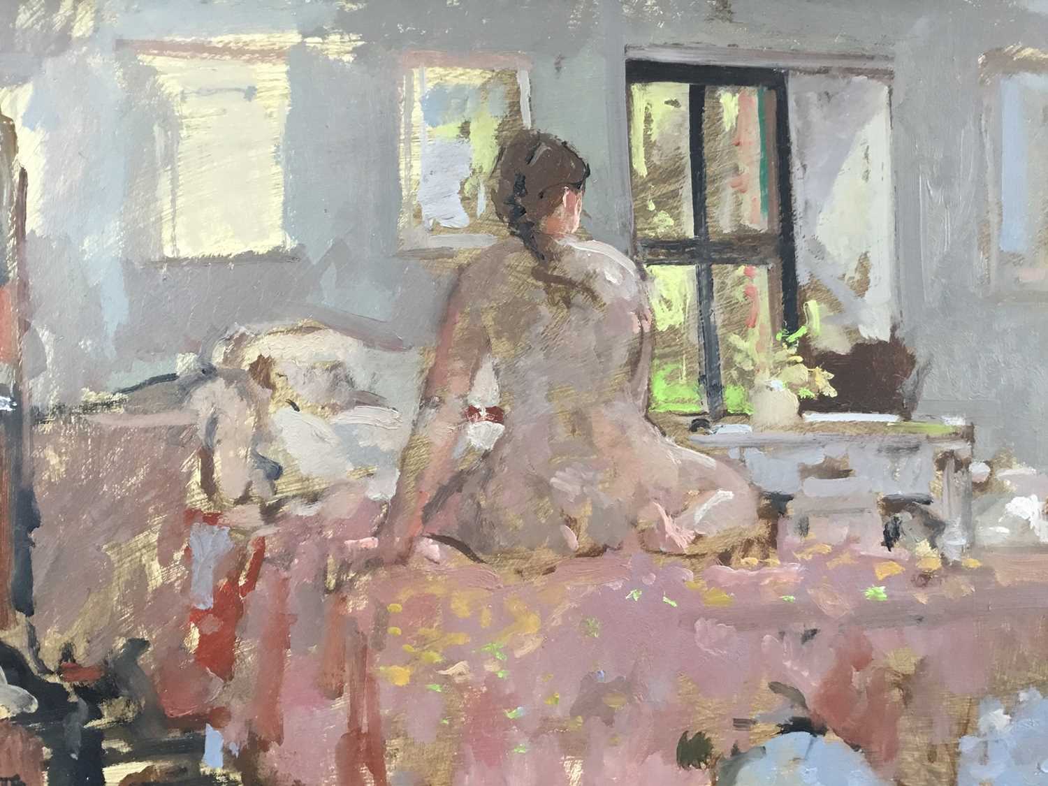 Tom Coates (b.1941) oil on board - interior with a female nude seated on a bed, monogrammed, 30cm x - Image 5 of 6