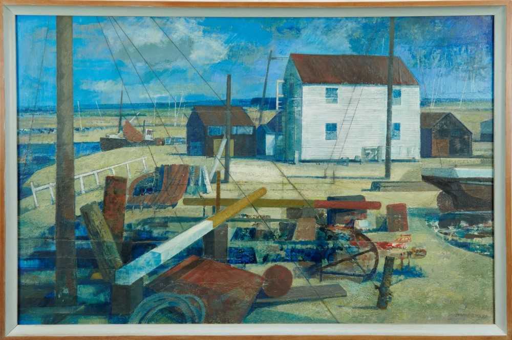 Henry Collins (1910-1994) oil and collage on board, Tollesbury harbour scene, signed and dated ‘87