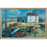 Henry Collins (1910-1994) oil and collage on board, Tollesbury harbour scene, signed and dated ‘87