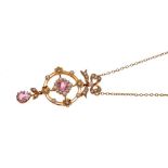 Edwardian 15ct gold pink stone and seed pearl pendant necklace on chain