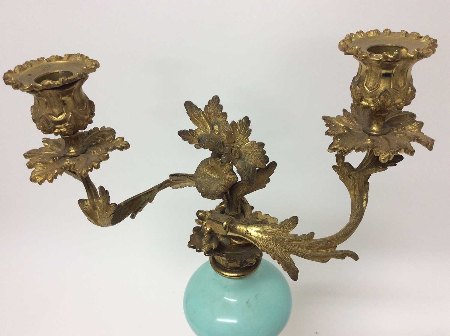 Pair of rococo ormolu and porcelain twin branch candelabra - Image 5 of 8