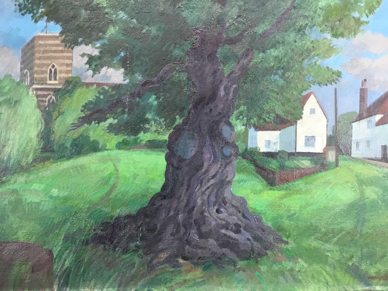Henry Collins (1910-1994) oil on canvas, laid down onto board, ‘Old oak, Fingringhoe’, signed, inscr - Image 3 of 10