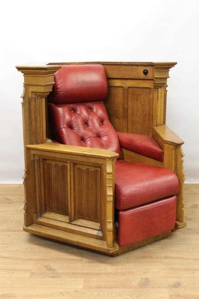 Unusual Gothic oak armchair utilising a pulpit (from Great Clacton church, circa 1920) recently upho