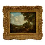 Manner of Thomas Gainsborough, oil on panel - cattle and figure in rural landscape, in gilt frame