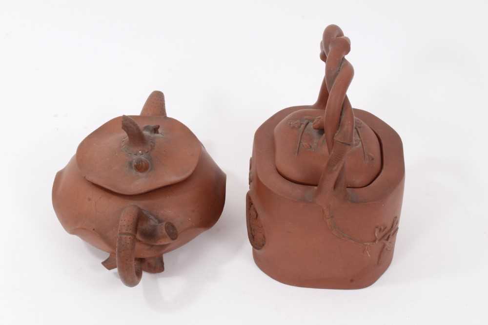 Two interesting Chinese terracotta teapots, one depicting lotus leaf with frog and snail - Image 4 of 16