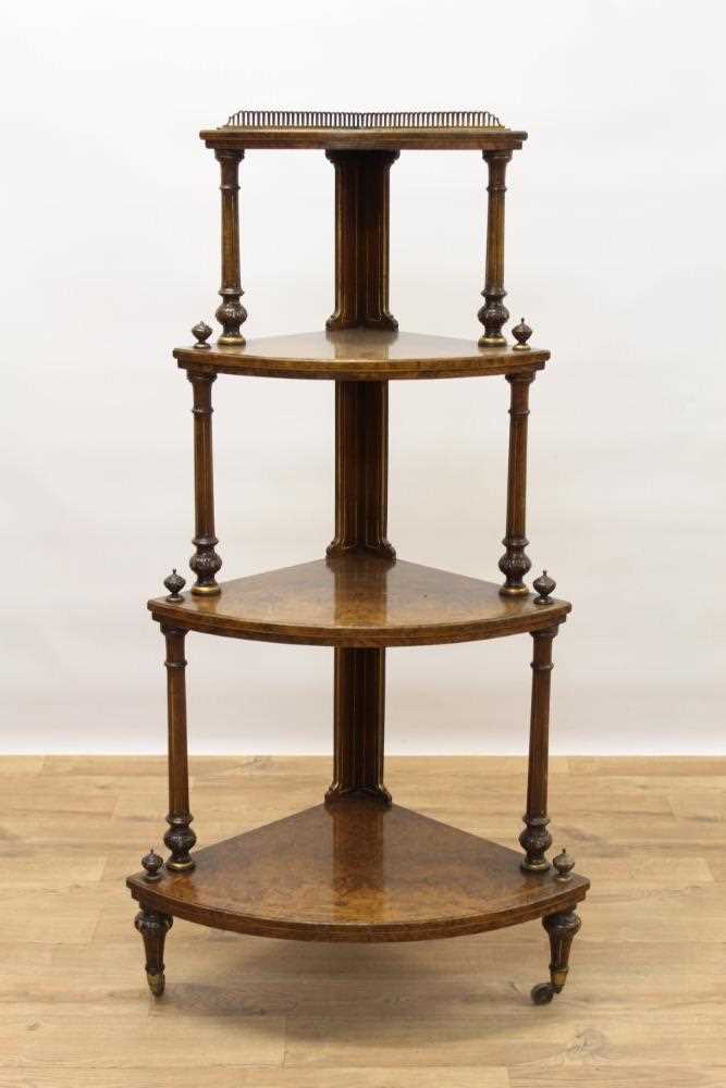 Good quality Victorian inlaid burr walnut veneered and parcel gilt bow front four tier corner whatno