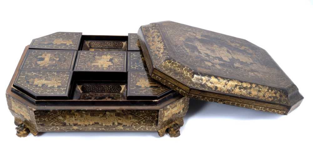 Early 19th century Chinese black lacquered box, mother-of-pearl gaming counters - Image 2 of 21
