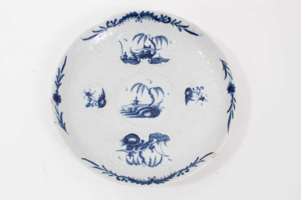 Worcester blue and white strap-fluted saucer dish, circa 1756, decorated with scrollwork panels cont