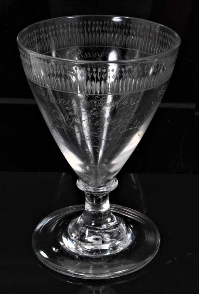 Late 18th century unusual glass rummer with engraved message