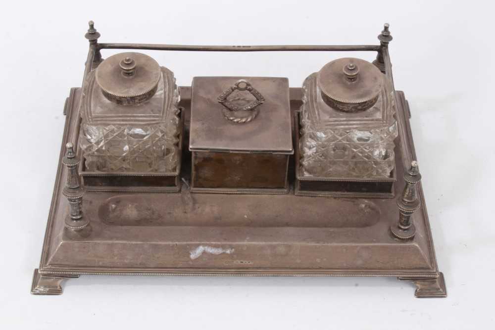 Victorian silver desk ink stand of rectangular form with a pair of silver mounted cut glass inkwells