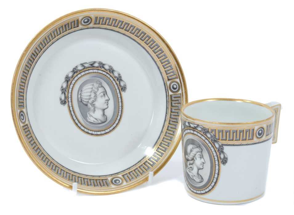 Vienna coffee can and saucer, circa 1780, painted en grisaille with a portrait in profile, the edge