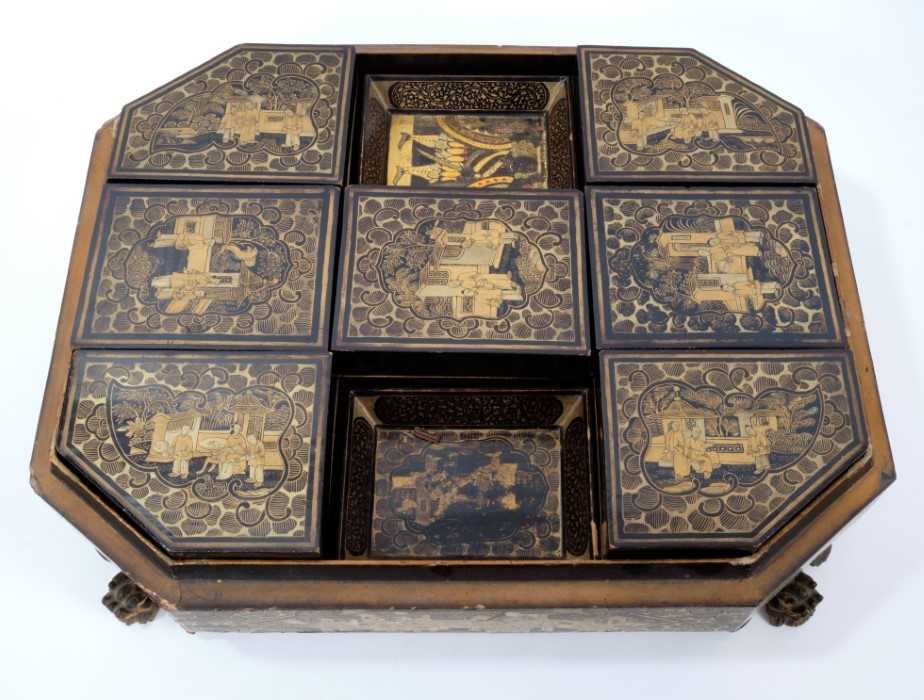 Early 19th century Chinese black lacquered box, mother-of-pearl gaming counters - Image 3 of 21