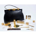 1920s Asprey black leather vanity handbag