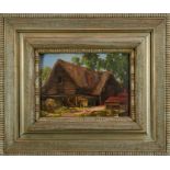 Lewis Taylor Gibb (1873-1945) oil on board - A Thatched Barn, 24.5cm x 34.5cm, in silvered frame