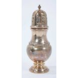 Contemporary silver sugar caster of baluster form, with pierced slip in cover