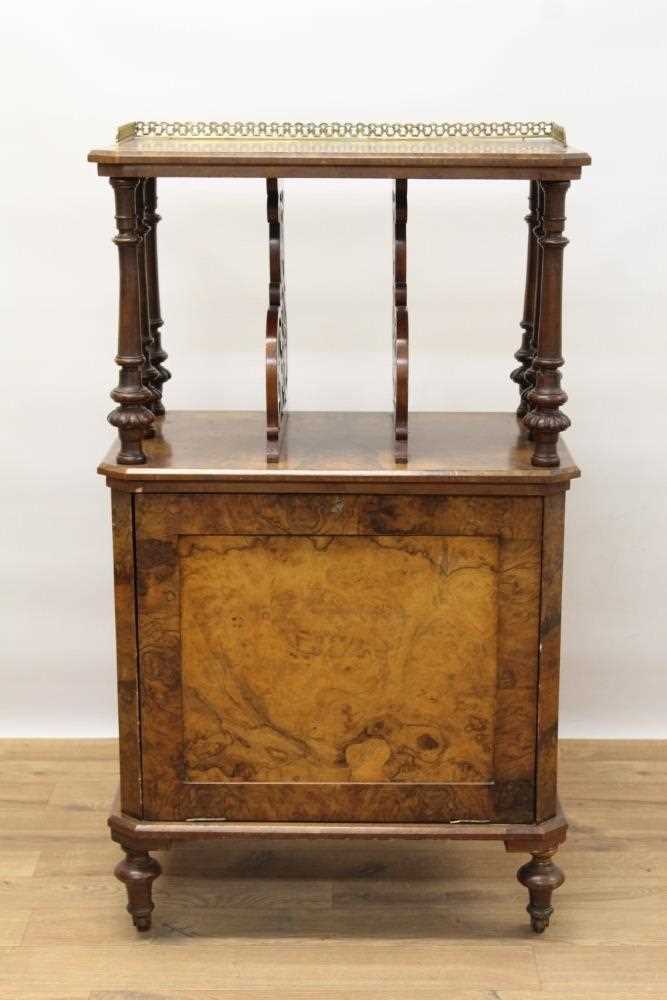 Victorian inlaid burr walnut veneered Canterbury with pierced brass galleried top, pierced divisions - Image 2 of 6