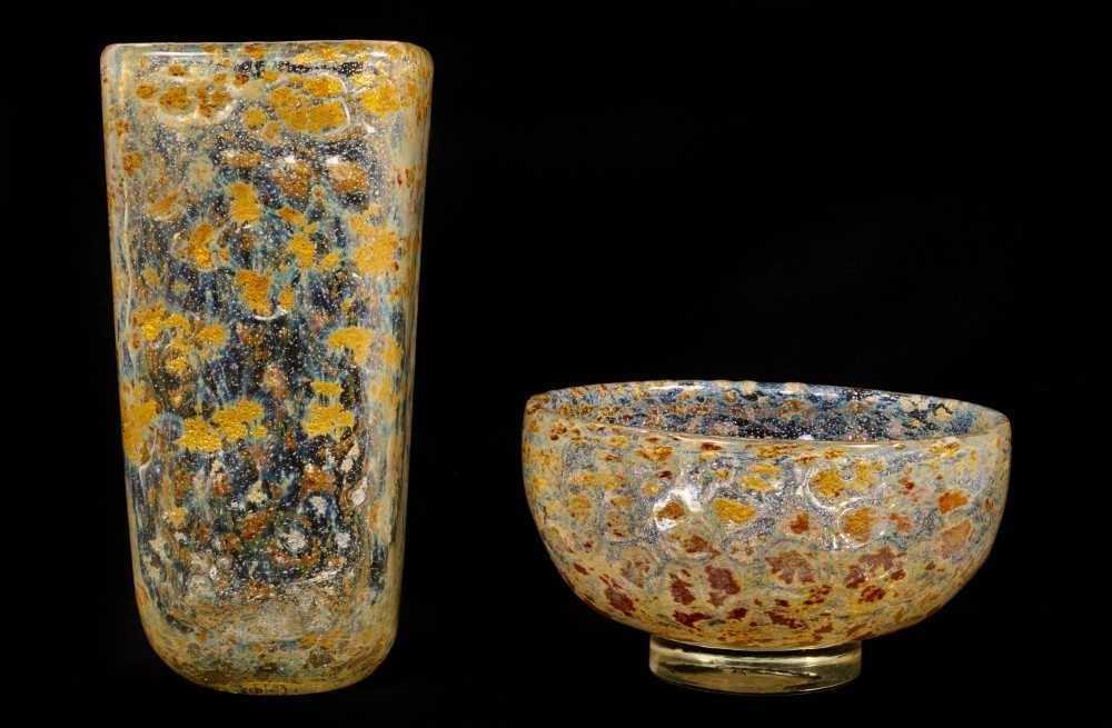Unusual large Aventurine art glass/studio glass vase with gold foil design, together with a matching