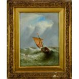 William Callcott Knell (1830-1880) oil on board - a fishing boat in a swell off the coast, signed an