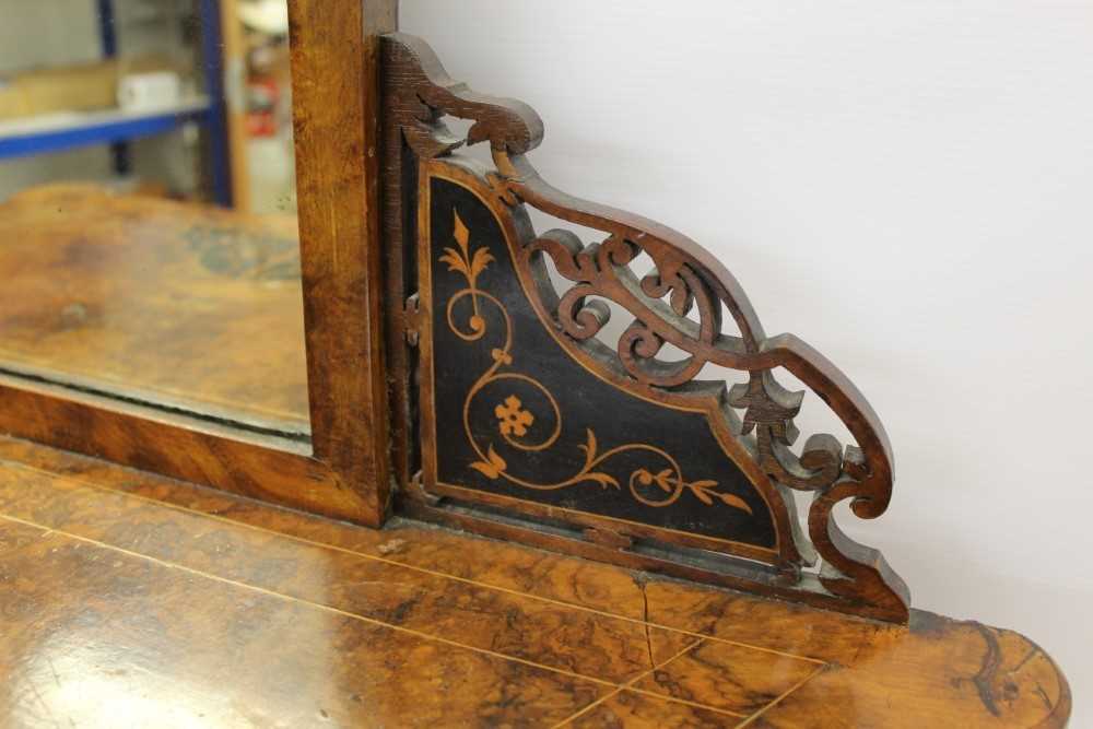 Victorian inlaid burr walnut veneered three tier whatnot with arched mirrored back, three marquetry - Image 3 of 7